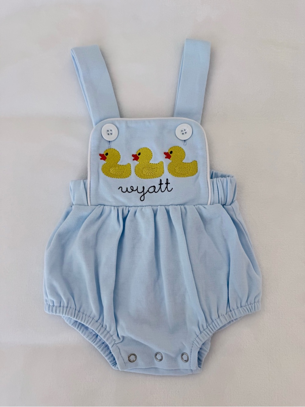 NWOT Infant Light Blue Romper with Yellow Ducks and Wyatt Monogram (size 3M)